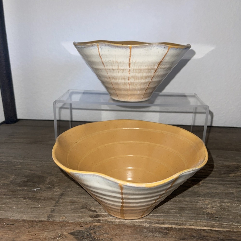 2 Style Eyes Baum Bros BOHO  Asian Collections Bowls Mustard Yellow Wavy Flared